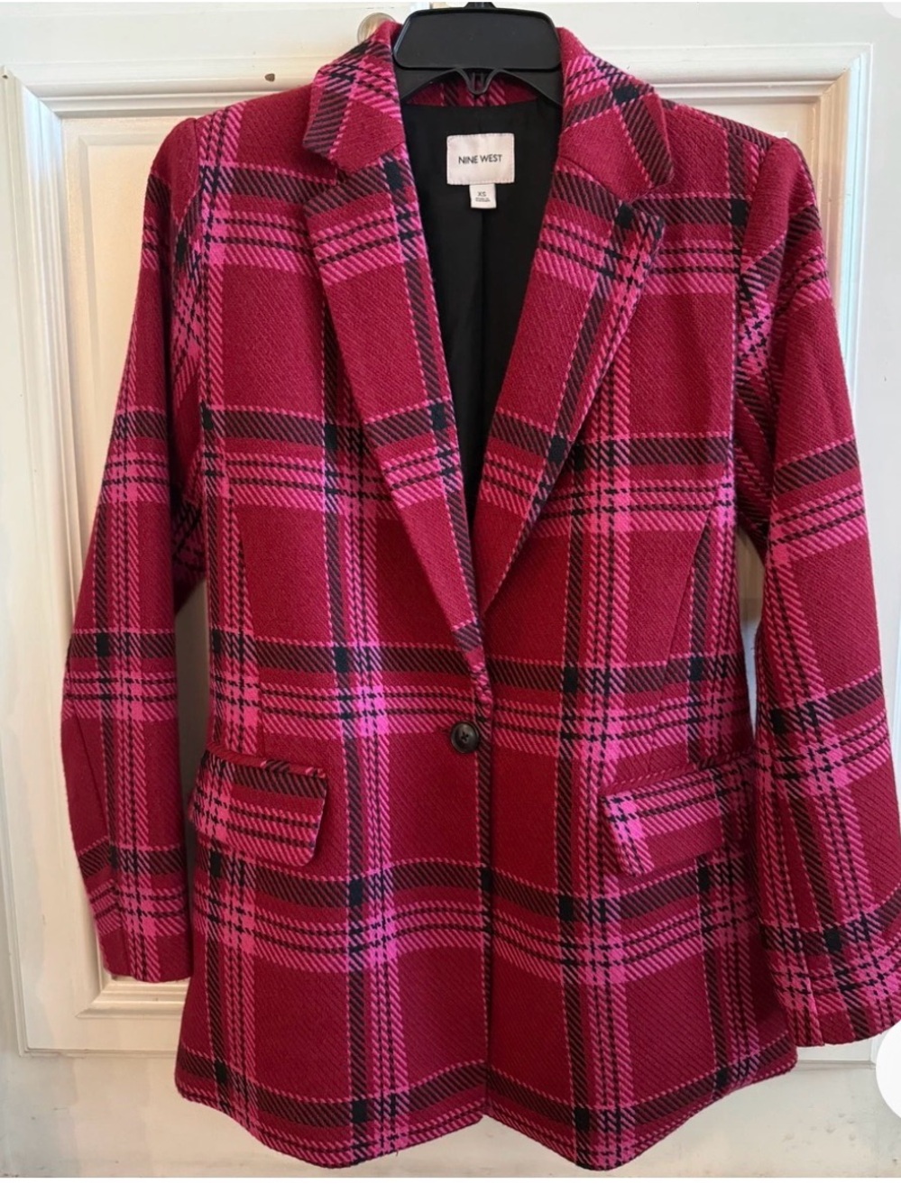 WOW Nine West Women's Pink Plaid Single-Button Blazer